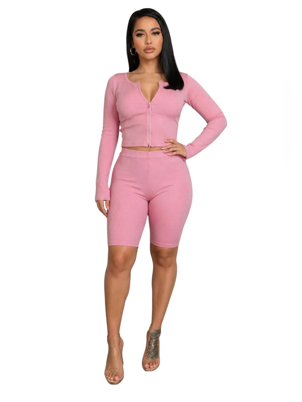 Pink Ribbed Two-Piece Zip Front Lounge Set